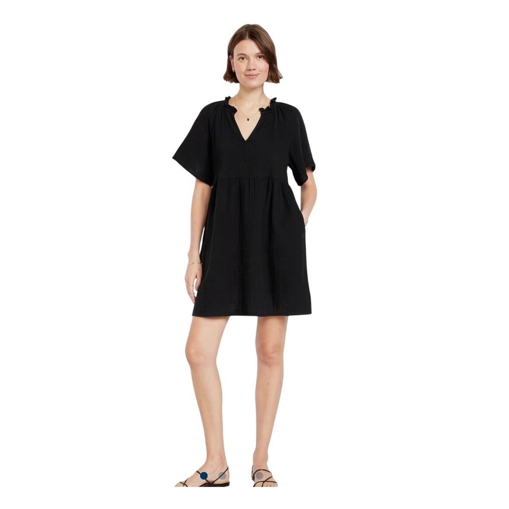 Old Navy Women Short Sleeve Cotton Gauze Mini Swing Dress XL Black Pockets